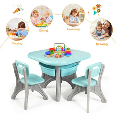 3 Piece Kids Activity Table and 2 Chair Set with Storage Bins, Green and Grey