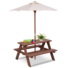 Wooden Kids Picnic Table with Bench Seats and Removable Umbrella, 4 Seats, Fir Wood