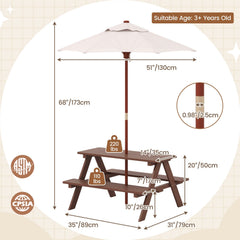 Wooden Kids Picnic Table with Bench Seats and Removable Umbrella, 4 Seats, Fir Wood