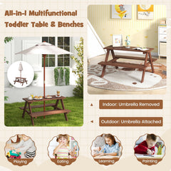 Wooden Kids Picnic Table with Bench Seats and Removable Umbrella, 4 Seats, Fir Wood