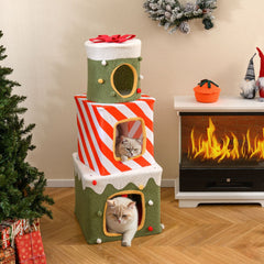 47 Inch Christmas Gift Box Cat Tower with Three Stacked Condos