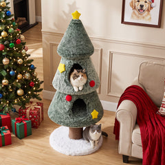 50 Inch Christmas Tree Cat Tower with Two Enclosed Condos and a Star Toy