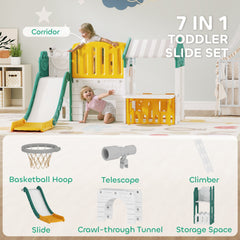 7-in-1 Toddler Slide, Kids Slide Climber Playset with Playhouse and Basketball Hoop for 1-4 Years, Grey