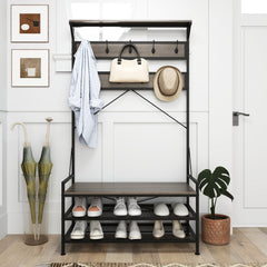Coat Rack 4-In-1 Hall Tree with 11 Hanging Hooks Shoe Bench-Gray