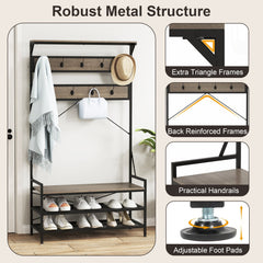 Coat Rack 4-In-1 Hall Tree with 11 Hanging Hooks Shoe Bench-Gray