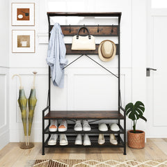 Coat Rack 4-In-1 Hall Tree with 11 Hanging Hooks Shoe Bench-Rustic Brown
