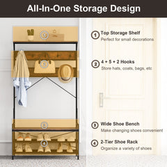 Coat Rack 4-In-1 Hall Tree with 11 Hanging Hooks Shoe Bench-Rustic Brown