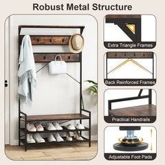 Coat Rack 4-In-1 Hall Tree with 11 Hanging Hooks Shoe Bench-Rustic Brown