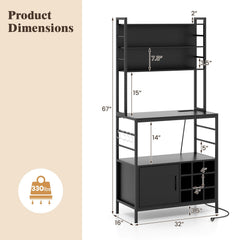 Coffee Bar Cabinet with S-Shaped Hooks and Wine Bottle Holders-Black