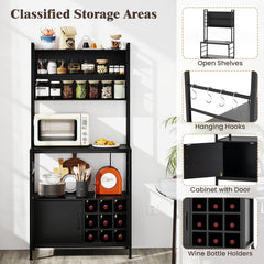 Coffee Bar Cabinet with S-Shaped Hooks and Wine Bottle Holders-Black