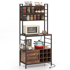 Coffee Bar Cabinet with S-Shaped Hooks and Wine Bottle Holders-Rustic Brown