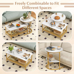Coffee Table 2-Tier Rectangle Coffee Table and Side End Table with Storage Shelves-White and Golden