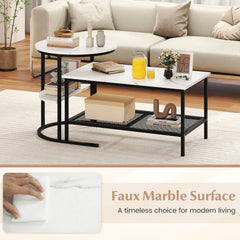 Coffee Table Set of 2 2-Tier Rectangle Coffee Table and Side End Table with Storage Shelves-White