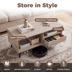 Coffee Table with Storage Rustic Rectangle Center Table-Natural
