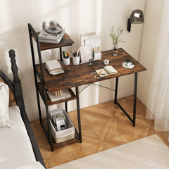 Computer Desk with Shelves and 3-Tier Storage Bookshelf-Brown