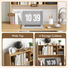 Desktop Bookshelf Hutch 37 Inch with 4 Cubbies and Open Back Compartment, Natural