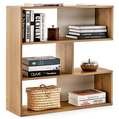Concave 3 Shelf Bookcase in Natural Wood, 33 Inch Geometric Open Bookshelf with Wall Anchors