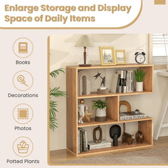 Concave 3 Shelf Bookcase in Natural Wood, 33 Inch Geometric Open Bookshelf with Wall Anchors