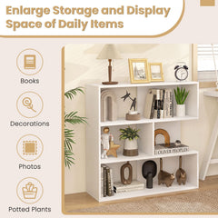 Concave Bookshelf with 3 Open Shelves & Anti-Toppling Device for Living Room-White