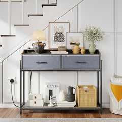 Console Table with Charging Station 110 cm Narrow Entryway Table with 2 Drawers and Shelves-Gray