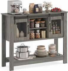Console Table with Sliding Barn Doors and Storage Cabinets-Gray
