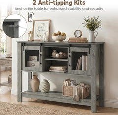 Console Table with Sliding Barn Doors and Storage Cabinets-Gray