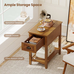 Chairside End Table with Drawer and Open Shelf, Warm Oak Toned Wood
