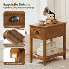 Chairside End Table with Drawer and Open Shelf, Warm Oak Toned Wood