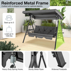 Convertible 3-Seat Patio Porch Swing Chair to Flat Bed with Adjustable Canopy-Gray