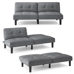 Convertible Futon Sofa Bed with 6 Position Backrest, 64 in Wide, Solid Wood Frame and Springs, Grey