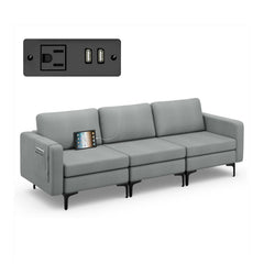 3 Seat Modular Sofa in Grey, 94.5 in Wide with Built In Outlet, 2 USB Ports and Hidden Storage Box