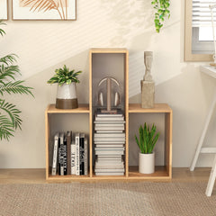 Convex 3 Shelf Bookcase in Natural Wood, 33 Inch Geometric Open Bookshelf and Organizer