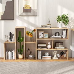 Convex 3 Shelf Bookcase in Natural Wood, 33 Inch Geometric Open Bookshelf and Organizer