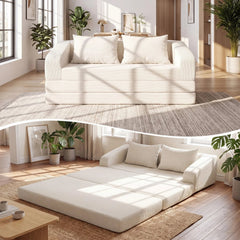 Corduroy Loveseat Sleeper Sofa in Cream, 61 in Wide, Folds Out to an 85 in Bed, Rated 705 lb