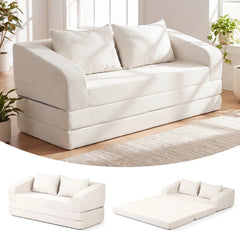 Corduroy Loveseat Sleeper Sofa in Cream, 61 in Wide, Folds Out to an 85 in Bed, Rated 705 lb