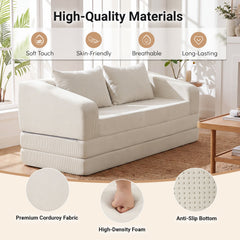 Corduroy Loveseat Sleeper Sofa in Cream, 61 in Wide, Folds Out to an 85 in Bed, Rated 705 lb