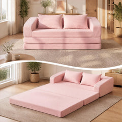 Pink Corduroy Sleeper Loveseat, 61 in Sofa that Unfolds to a 61 by 85 in Foam Bed, Washable Covers
