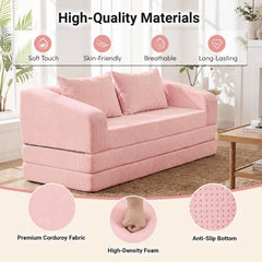 Pink Corduroy Sleeper Loveseat, 61 in Sofa that Unfolds to a 61 by 85 in Foam Bed, Washable Covers