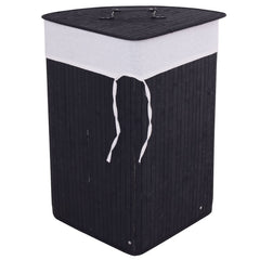 Corner Bamboo Hamper Laundry Basket with Lid and Removable Liner-Black