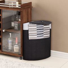 Corner Bamboo Hamper Laundry Basket with Lid and Removable Liner-Black