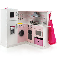 Pink Corner Play Kitchen with Ice Maker, Range Hood, Washer and Chef Accessories