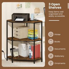 Corner Printer Stand 3-Tier Corner Shelf with Charging Station and Metal Frame-Rustic Brown