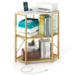 Corner Printer Stand with Power Outlet 3-Tier Storage Rack with Adjustable Shelf-White