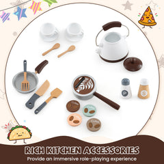 Corner Wooden Play Kitchen with Coffee Machine and Slide for Kids-Brown