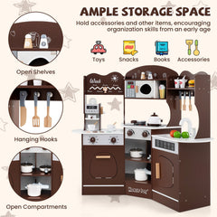 Corner Wooden Play Kitchen with Coffee Machine and Slide for Kids-Brown