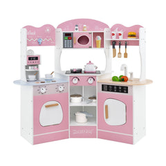 Corner Wooden Play Kitchen with Coffee Machine and Slide for Kids-Pink