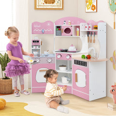 Corner Wooden Play Kitchen with Coffee Machine and Slide for Kids-Pink