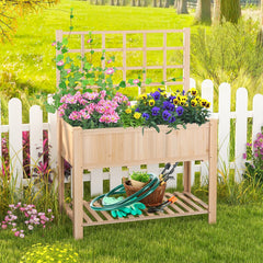Raised Garden Bed with Trellis and Shelf, 3.4 Cu Ft Elevated Fir Planter Box with Liner