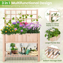 Raised Garden Bed with Trellis and Shelf, 3.4 Cu Ft Elevated Fir Planter Box with Liner