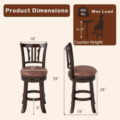 Set of 2 Swivel Counter Stools with Fiddle Back and Faux Leather Seat, 26 Inch Seat Height